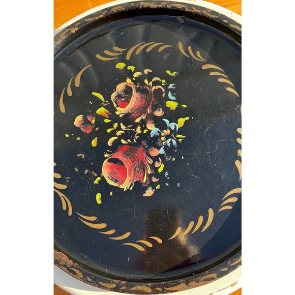 Round Black Gold Floral Hand-Painted Toleware Tray Serving Platter Wall Art - Picture 4 of 10
